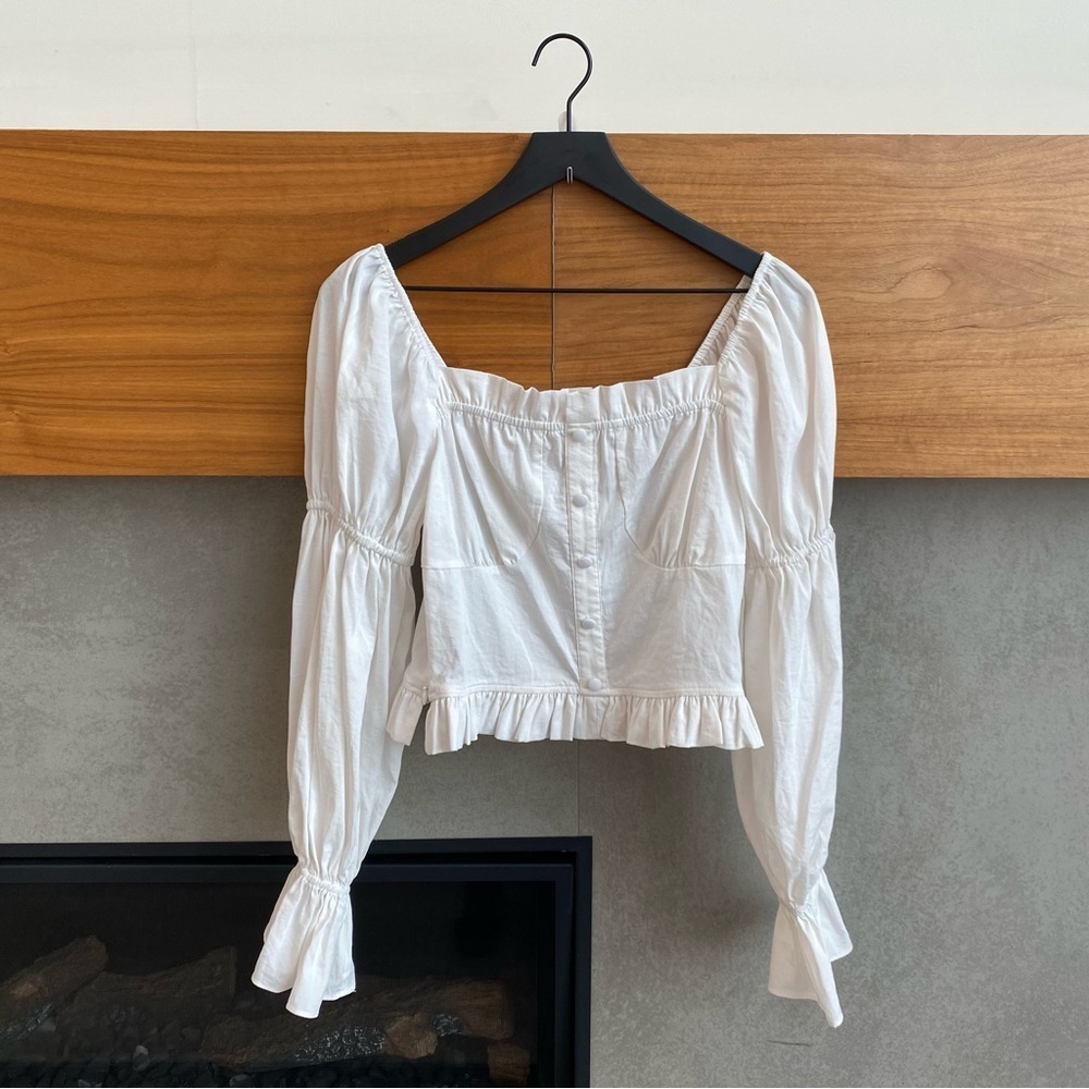 J.Ing Women's White Puff Sleeve Cropped Blouse,‎ Size M